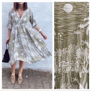 H&M AS NEW Desmond & Dempsey olive green Palm Tree Bird print tunic dress S